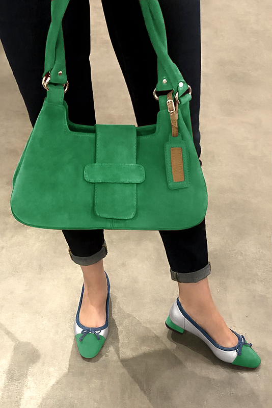 Emerald green, light silver and denim blue women's ballet pumps, with low heels. Square toe. Flat flare heels. Worn view - Florence KOOIJMAN